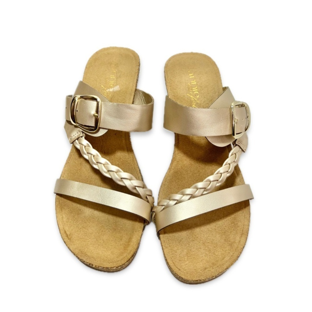 Annie Comfort Gold Strap Wedge Heels Women’s Size 8W